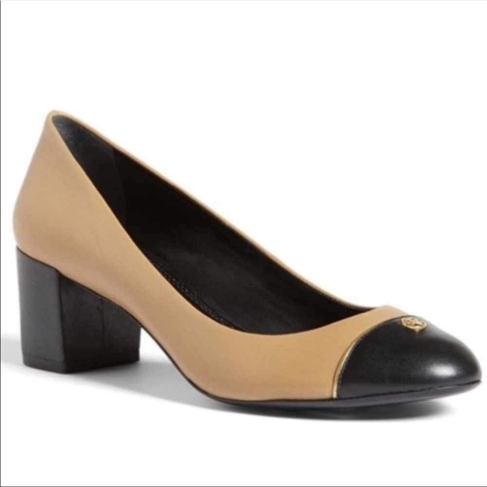 TORY BURCH Ethel Logo Cap Toe Leather Pump Heels